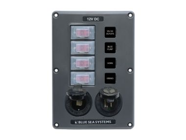 Blue Sea Systems Schakelpaneel 12V DC (met 4 schakelaars / stopcontact / dubbele USB-aansluiting)